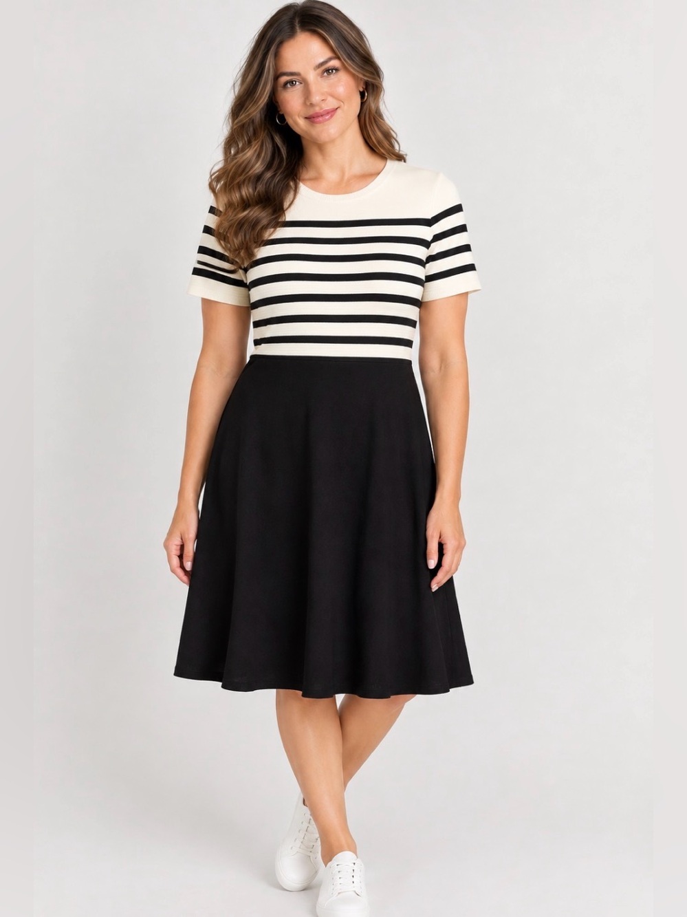 Talbots Black and White Striped Short Sleeve A-Line Career Dress‎ MP Preppy